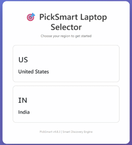 PickSmart.ai homepage showing USA and India region selection
