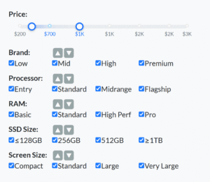 Available priority parameters for laptop selection